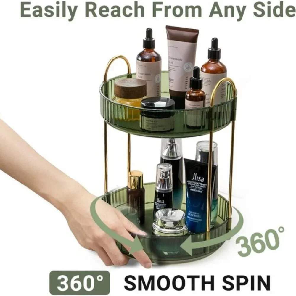 New 360° Rotating Makeup Organizer, 2-Tier Green Vanity & Skincare Storage Rack